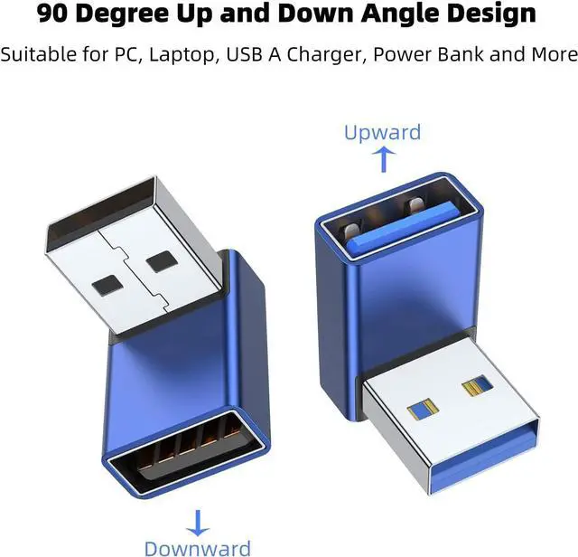 Alt view image 2 of 7 - 90 Degree USB 3.0 Adapter 2 Pack Up and Down Angle USB A Male to Female Converter Extender for PC Laptop USB A Charger Power Bank and More (Blue)