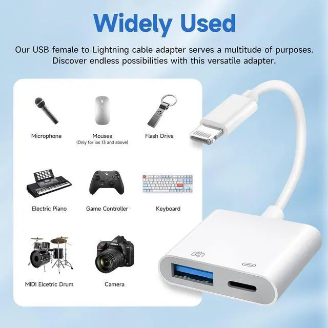 Alt view image 2 of 7 - [ MFi Certified] Lightning to USB Camera Adapter with Charging Port Portable USB 3.0 Female OTG Cable Adapter for Select iPhone iPad Models Support Card Reader USB Flash Drive MIDI Keyboard