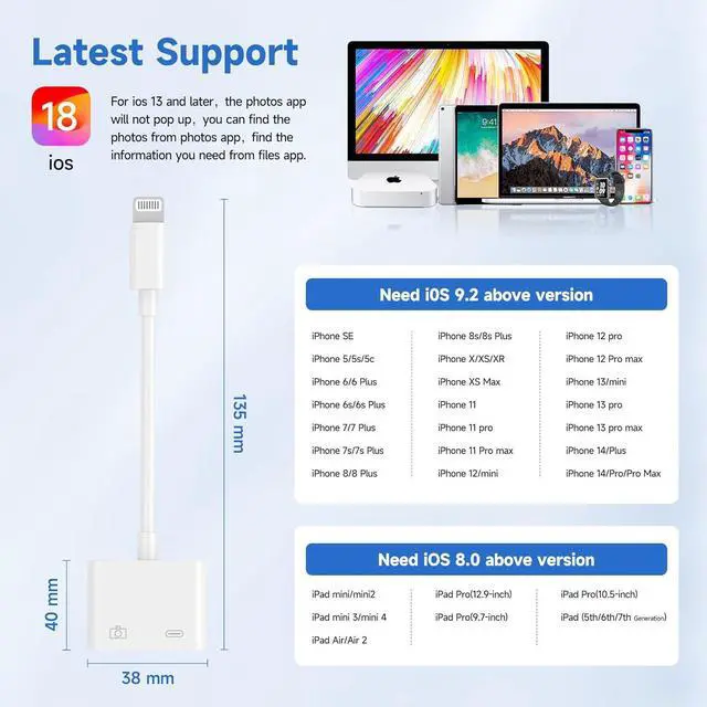 Alt view image 6 of 7 - [ MFi Certified] Lightning to USB Camera Adapter with Charging Port Portable USB 3.0 Female OTG Cable Adapter for Select iPhone iPad Models Support Card Reader USB Flash Drive MIDI Keyboard