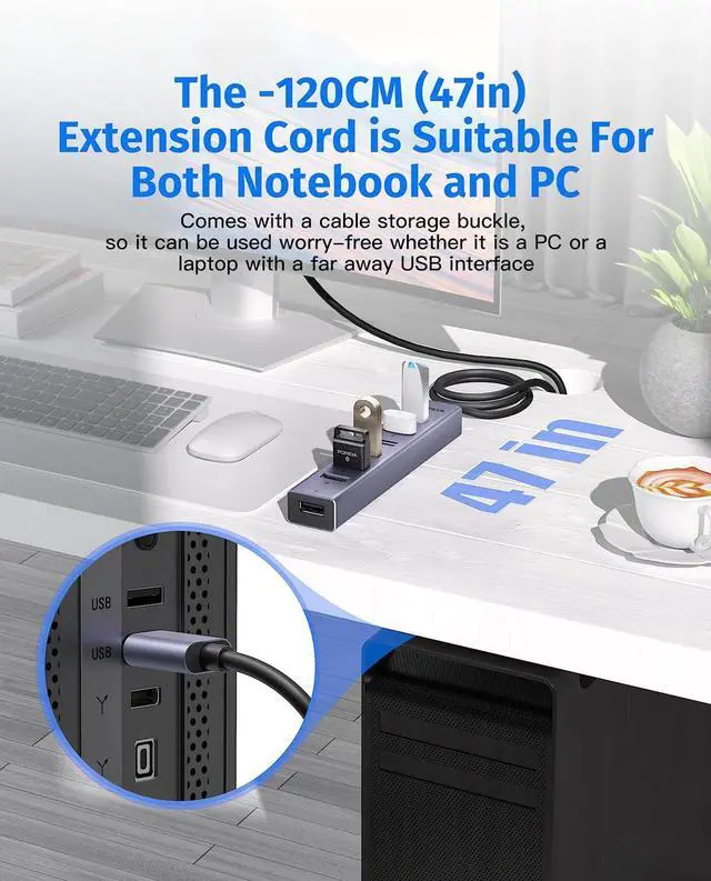 Alt view image 2 of 7 - USB to USB Hub Long Cable 8 Ports USB 3.0 Adapter with 7 USB 3.0 Data Ports USB Splitter with USB C 5V/3A Power Port 47IN/120CM Main Cable for Laptop PC and More (USB A 47IN)