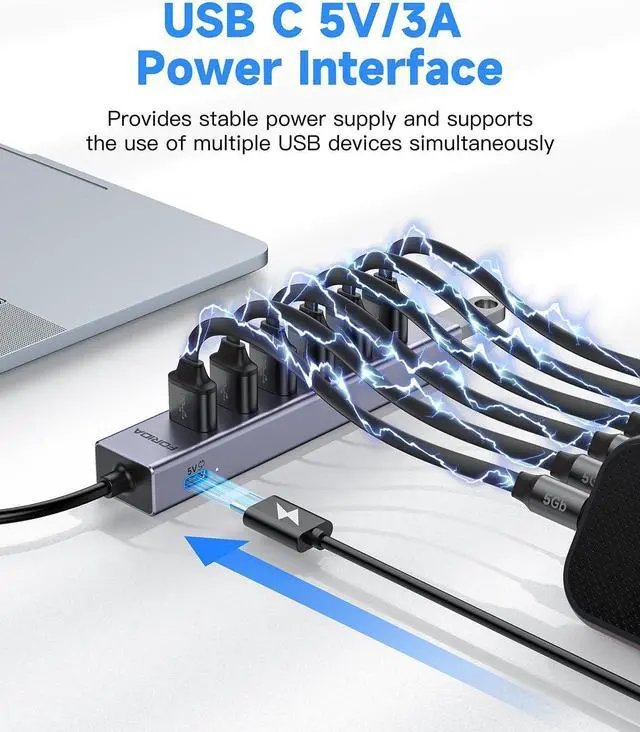 Alt view image 4 of 7 - USB to USB Hub Long Cable 8 Ports USB 3.0 Adapter with 7 USB 3.0 Data Ports USB Splitter with USB C 5V/3A Power Port 47IN/120CM Main Cable for Laptop PC and More (USB A 47IN)