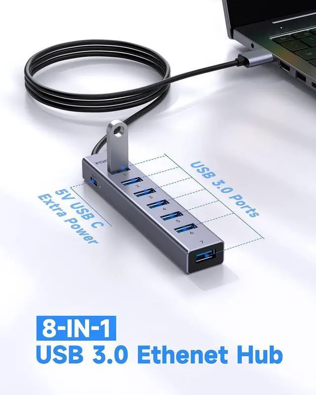 Alt view image 5 of 7 - USB to USB Hub Long Cable 8 Ports USB 3.0 Adapter with 7 USB 3.0 Data Ports USB Splitter with USB C 5V/3A Power Port 47IN/120CM Main Cable for Laptop PC and More (USB A 47IN)