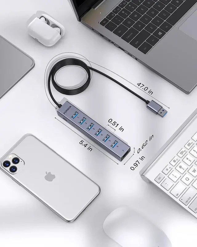 Alt view image 6 of 7 - USB to USB Hub Long Cable 8 Ports USB 3.0 Adapter with 7 USB 3.0 Data Ports USB Splitter with USB C 5V/3A Power Port 47IN/120CM Main Cable for Laptop PC and More (USB A 47IN)