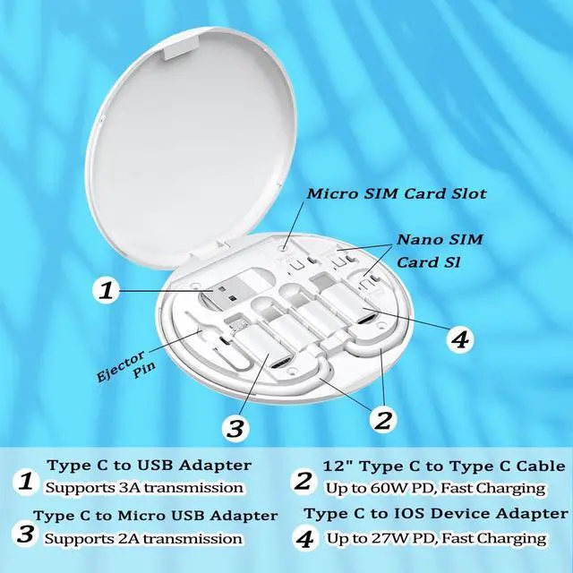 Alt view image 3 of 7 - Multi USB Charging Adapter Cable Kit C to iOS Device Cable Box Conversion Set USB A & Type C to Male Micro/Type C/iOS Device Data Transfer Card Storage Tray Eject Pin Phone Holder (White)