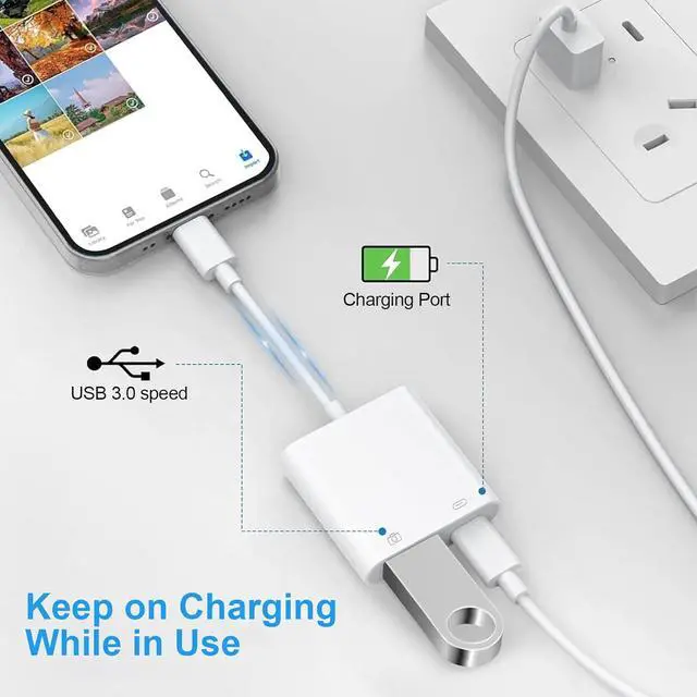 Alt view image 4 of 7 - Lightning to USB Camera Adapter for iPhone [ MFi Certified] USB3.0 Female Adapter for iPad with Charging Port Plug and Play OTG Converter Support Card Reader USB Flash Drives Keyboard