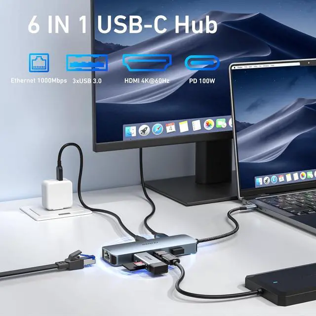 Alt view image 2 of 7 - USB C HUB 6-in-1 with HDMI(4K@60Hz) Gigabit Ethernet 100W Power Delivery 3*USB 3.0 Silicone Cable Aluminum Case Compatible with iPhone 15 Pro/Max MacBook iPad Pro iMac S23 XPS17