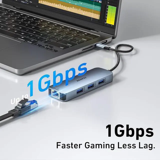 Alt view image 5 of 7 - USB C HUB 6-in-1 with HDMI(4K@60Hz) Gigabit Ethernet 100W Power Delivery 3*USB 3.0 Silicone Cable Aluminum Case Compatible with iPhone 15 Pro/Max MacBook iPad Pro iMac S23 XPS17