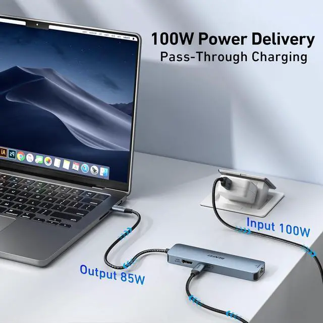 Alt view image 4 of 7 - USB C HUB 6-in-1 with HDMI(4K@60Hz) Gigabit Ethernet 100W Power Delivery 3*USB 3.0 Silicone Cable Aluminum Case Compatible with iPhone 15 Pro/Max MacBook iPad Pro iMac S23 XPS17