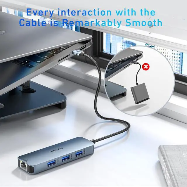 Alt view image 3 of 7 - USB C HUB 6-in-1 with HDMI(4K@60Hz) Gigabit Ethernet 100W Power Delivery 3*USB 3.0 Silicone Cable Aluminum Case Compatible with iPhone 15 Pro/Max MacBook iPad Pro iMac S23 XPS17
