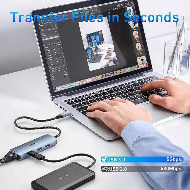 Alt view image 6 of 7 - USB C HUB 6-in-1 with HDMI(4K@60Hz) Gigabit Ethernet 100W Power Delivery 3*USB 3.0 Silicone Cable Aluminum Case Compatible with iPhone 15 Pro/Max MacBook iPad Pro iMac S23 XPS17