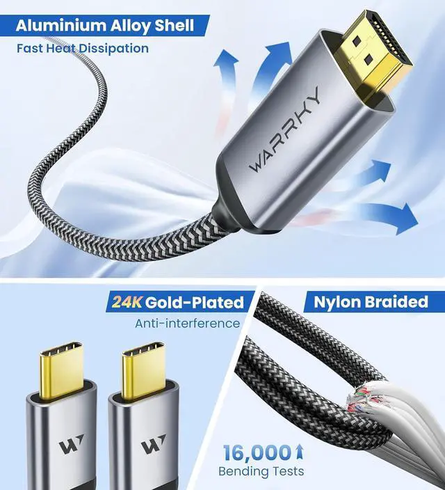 Alt view image 6 of 7 - WARRKY USB C to HDMI Cable 4K 60Hz[Anti-Interference Gold-Plated Plugs] Aluminum HDR Type-C to HDMI 2.0 Cord Thunderbolt 3/4/5 Compatible for iPhone 15/16 Series MacBook iMac iPad Pro Galaxy-6ft