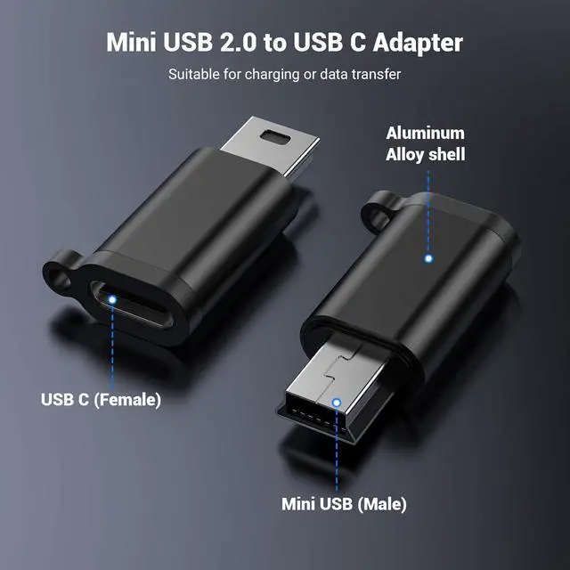 Alt view image 2 of 6 - USB Mini Adapter USB-C to Mini-USB Adapter Type C Female to Mini USB 2.0 Male Converter Connector Support Charge & Data Sync for GPS Receiver/Digital Camera/Dash Cam/MP3 Player etc.(5 Pack)