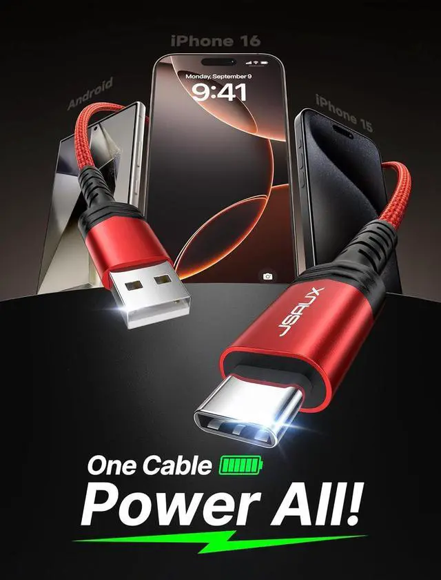 Alt view image 2 of 7 - USB C Cable [2-Pack 6.6ft] USB A to USB Cord 3.1A Fast Charging Compatible with iPhone 16/16 Plus/16 Pro/16 Pro Max/iPhone 16e/iPhone 15 Series  S20 S10 S9 Note 20 10 Car Play - Red