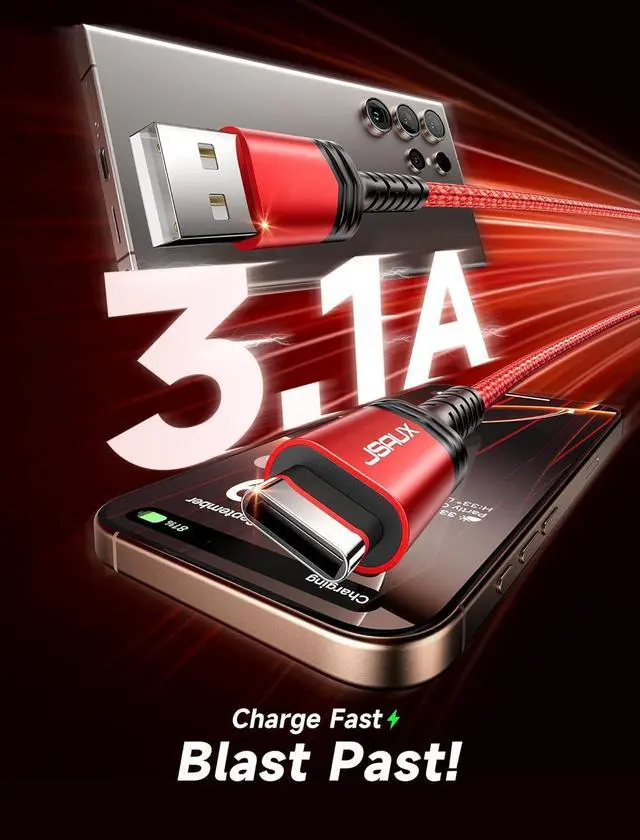 Alt view image 3 of 7 - USB C Cable [2-Pack 6.6ft] USB A to USB Cord 3.1A Fast Charging Compatible with iPhone 16/16 Plus/16 Pro/16 Pro Max/iPhone 16e/iPhone 15 Series  S20 S10 S9 Note 20 10 Car Play - Red