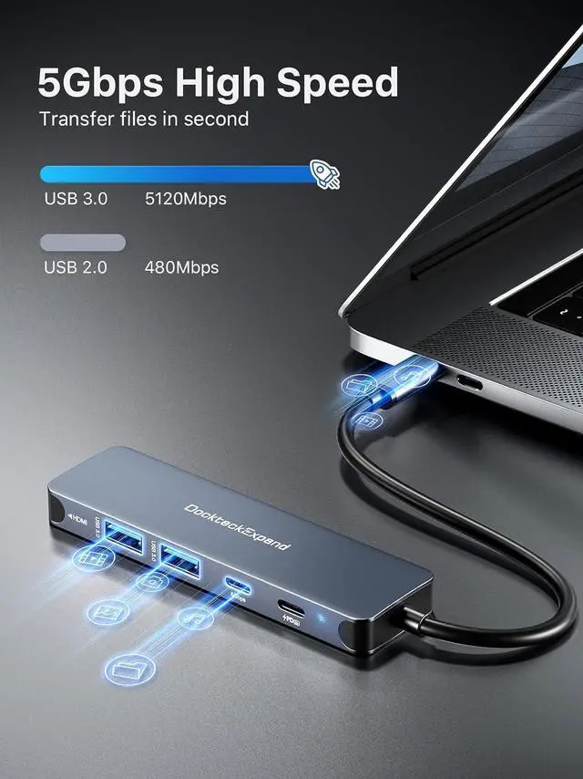 Alt view image 3 of 7 - DockteckExpand USB-C Hub 5-in-1 with 4K HDMI, 100W Power Delivery, 5Gbps USB-C Data Port and 2 5Gbps USB-A Data Ports for MacBook Pro/Air, iPad Pro/Air, Dell XPS