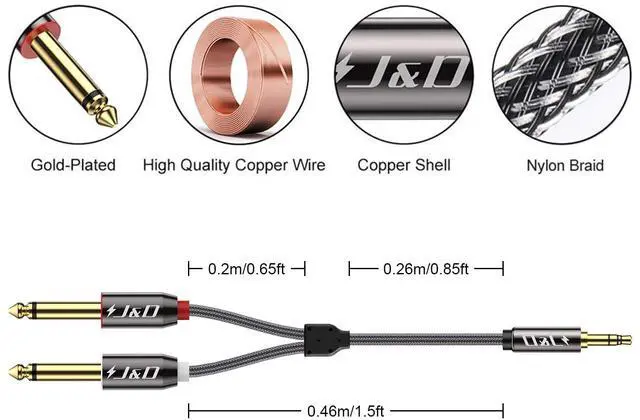 Alt view image 3 of 7 - 3.5mm 1/8 inch TRS Male to Dual 6.35mm 1/4 inch TS Male Mono Stereo Y-Cable Splitter for Amplifiers/Audio Mixer/Audio Recorder/MP3/MP4 Nylon Braid Gold Plated Copper Shell 1.5 Feet