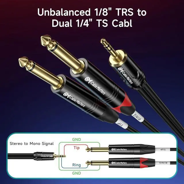 Alt view image 2 of 7 - 3.5mm TRS to Dual 6.35mm TS Breakout Cable - 6ft 1/8 to 1/4 Stereo Cable 3.5mm to 1/4 Y Splitter Cord