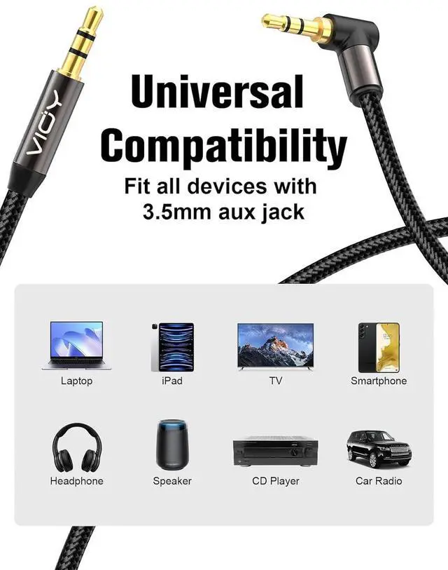 Alt view image 5 of 7 - Aux Cord 10 FT + 10 FT 3.5 mm Audio Cable Right Angle-1/8 Male to Male Headphone Auxiliary Stereo Jack Cable 90 Degree for Car Compatible with Headphone Car Stereo Speaker Echo & More