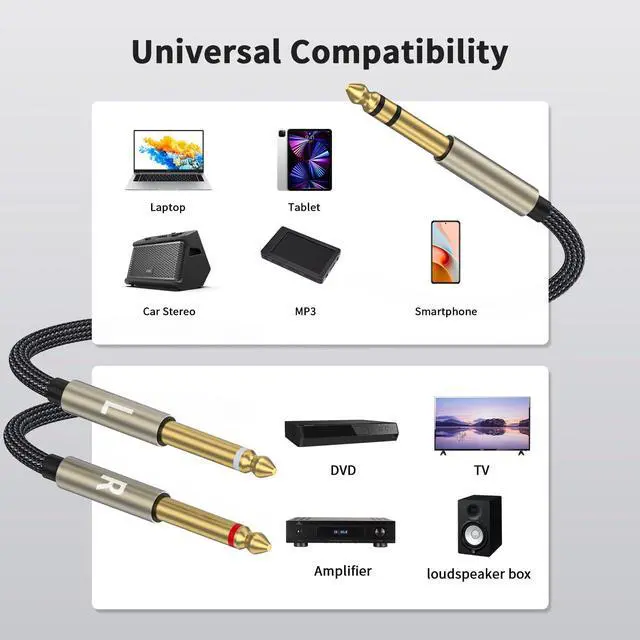Alt view image 5 of 7 - 1/4 inch TRS Stereo Y-Splitter Insert Cable 1/4 Inch Male Jack to Dual 1/4inch(6.35mm) Male TS Mono Breakout Cable Audio Patch Cord - 3.3 Feet