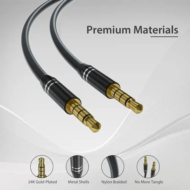 Alt view image 2 of 7 - 2 Pack 3.5mm Audio Cable Male to Male (4Ft/1.2M) 4 Pole Hi-Fi Stereo AUX Cord Audio Jack Auxiliary Cord Extension Adapter for Headphones Car and All 3.5 mm Enabled Devices - Black