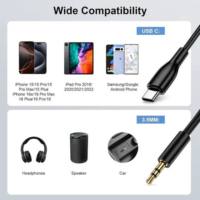 Alt view image 6 of 7 - USB C to 3.5mm Audio Aux Cable Adapter for  Galaxy A16 A15 A56 A14 S25 Ultra S24 S23 S22 S21 S20 3FT Type C to Headphone Male Cord Hi-Fi Stereo Car Auxiliary Cable for iPhone 16e 16 15 Pro Max
