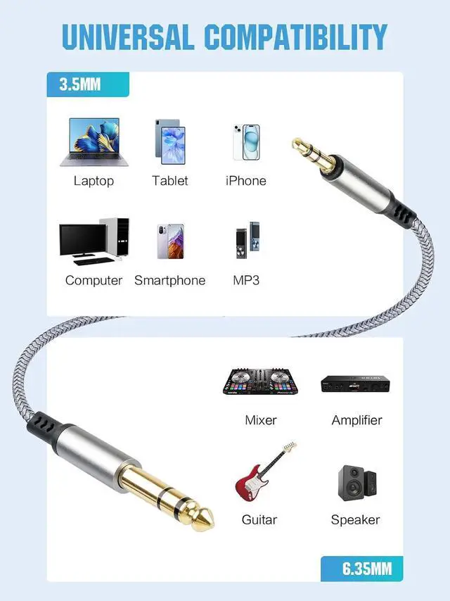 Alt view image 2 of 7 - 3.5mm to 6.35mm Audio Cable 1/8 to 1/4 TRS Stereo Cable Guitar Stereo Audio Male Cable with Nylon Braided Cord for Laptop Home Theater Equipment Speakers and Amplifiers 1 Pack 6.6ft Silver