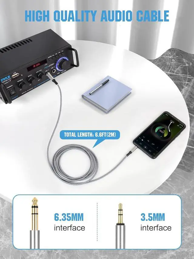 Alt view image 4 of 7 - 3.5mm to 6.35mm Audio Cable 1/8 to 1/4 TRS Stereo Cable Guitar Stereo Audio Male Cable with Nylon Braided Cord for Laptop Home Theater Equipment Speakers and Amplifiers 1 Pack 6.6ft Silver