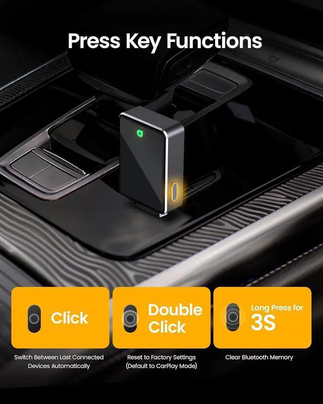 Alt view image 6 of 7 - Wireless CarPlay Adapter One Click Multi Device Switching Seamless Connection Convert Wired to Wireless carplay Compatible with iOS 10+ Android 11+ 2018 and Later Models