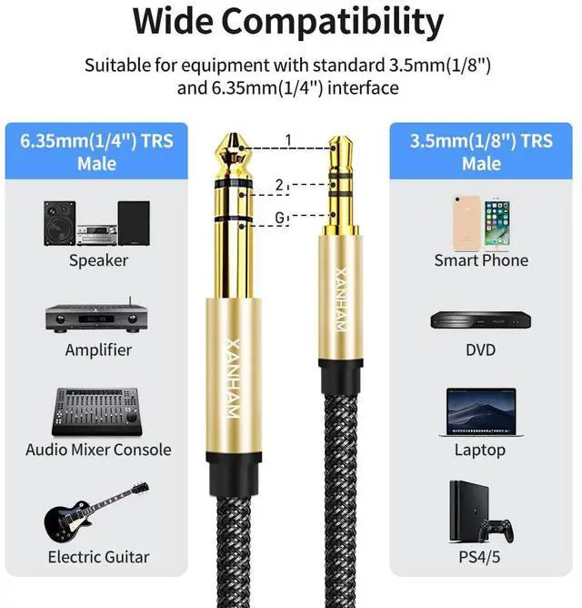 Alt view image 2 of 6 - 3.5mm to 1/4 Stereo Audio Cable 6.6 Feet /2M 1/8 to 6.35mm 1/4 TRS Male Aux Cord Double Shielded with Braiding for Guitar Amplifiers PC Home Theater Speaker etc.