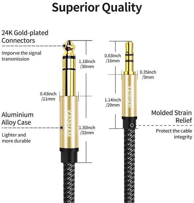Alt view image 3 of 6 - 3.5mm to 1/4 Stereo Audio Cable 6.6 Feet /2M 1/8 to 6.35mm 1/4 TRS Male Aux Cord Double Shielded with Braiding for Guitar Amplifiers PC Home Theater Speaker etc.
