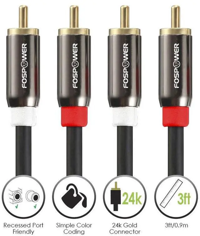 Alt view image 5 of 7 - 2 RCA M/M Stereo Audio Cable [24K Gold Plated | Copper Core] 2RCA Male to 2RCA Male [Left/Right] Premium Sound Quality Plug - 3ft