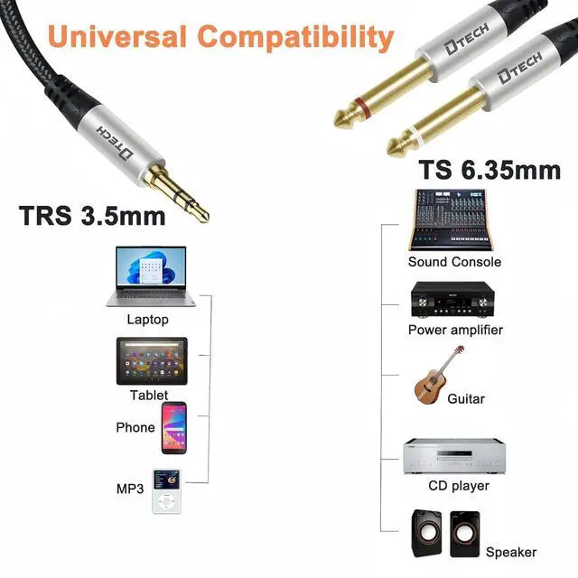 Alt view image 3 of 7 - 3ft 3.5mm to 1/4 Adapter Audio Stereo Cable TRS 1/8 to Dual Quarter Inch TS 6.35mm Y Splitter Guitar AMP Aux Cord for Headphones Jack Laptop Speaker Phone Mixer