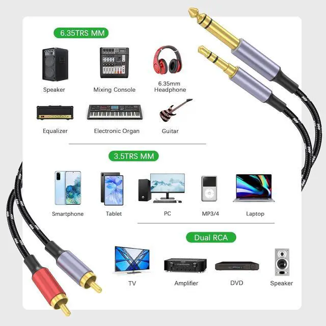 Alt view image 4 of 6 - 3.5mm to RCA 1/4 TRS to Dual RCA Cable 2-in-1 Audio Cable Gold-Plated HiFi Sound Headphone Jack Auxiliary Cord 1/8 6.35mm Adapter Stereo Y Splitter for Phone Speaker MP3 Tablet HDTV 6.6FT