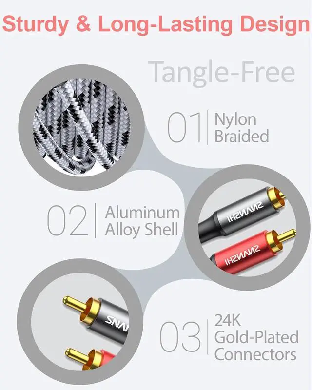 Alt view image 2 of 7 - RCA Cables 5ft  RCA to RCA Audio Cable with Gold-Plated Connectors Dual Shielded Against Noise (Hum) and Nylon Braided Jacket for Home Theater Stereo Systems TVs Musical Instruments