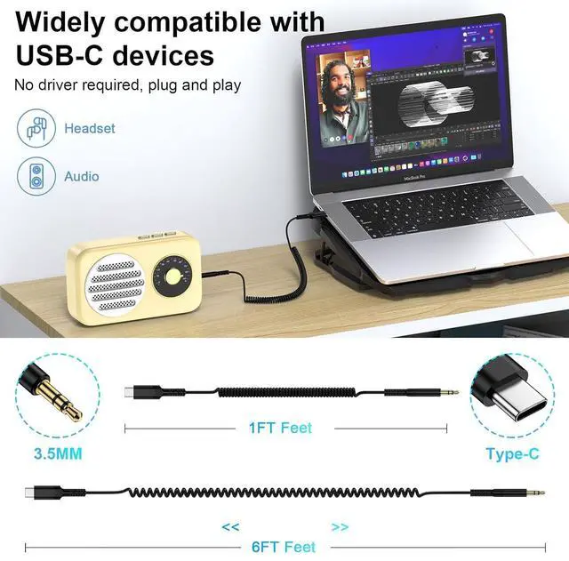 Alt view image 2 of 7 - USB C to 3.5mm Audio Aux Jack Cable for  Galaxy A56/A36/A16/A15/S25 Ultra/S24/S23/S22/S21/S20 6FT Type C to 3.5mm Headphone Audio Adapter Coiled Car Aux Cord for iPhone 16/15/Pixel 9a/8a/8/7/6