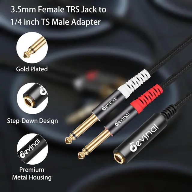 Alt view image 2 of 6 - TRS to Dual TS Breakout Cable - 1/4 Female Stereo to Dual 6.35mm TS Male Adapter & 6.35mm Female to 2 x 1/4 Mono Y Splitter - 1 ft