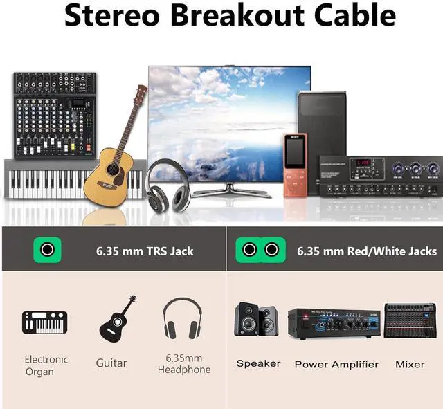Alt view image 4 of 6 - TRS to Dual TS Breakout Cable - 1/4 Female Stereo to Dual 6.35mm TS Male Adapter & 6.35mm Female to 2 x 1/4 Mono Y Splitter - 1 ft