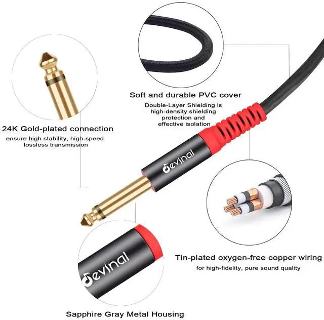 Alt view image 5 of 6 - TRS to Dual TS Breakout Cable - 1/4 Female Stereo to Dual 6.35mm TS Male Adapter & 6.35mm Female to 2 x 1/4 Mono Y Splitter - 1 ft