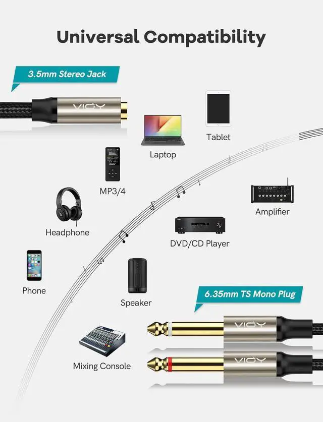 Alt view image 2 of 7 - 3.5mm to Dual 1/4 Inch Audio Splitter Cable Gold Plated 1/8 TRS Female to Dual Quarter Inch 6.35mm TS Mono Male Plug Braided Stereo Breakout Cable 35cm/13.8inch