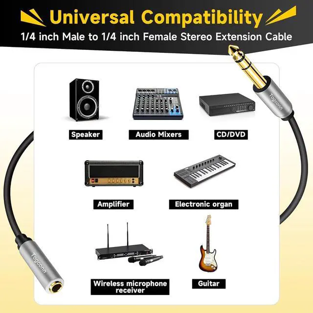 Alt view image 5 of 6 - 1/4 inch Extension Cable 6 Feet 6.35mm 1/4 TRS Male to Female Stereo Adapter JackQuarter inch Headphone Guitar Extension Cable Hi-Fi Sound Gold Plated Connectors Oxygen-Free Copper OFC