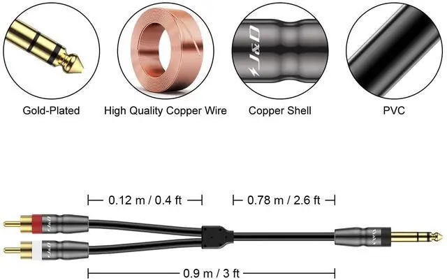Alt view image 2 of 7 - 6.35mm TRS to Dual RCA Audio Cable Copper Shell Heavy Duty 6.35mm 1/4 inch Male TRS to 2 RCA Male Stereo Audio Y Splitter Cable 3 Feet