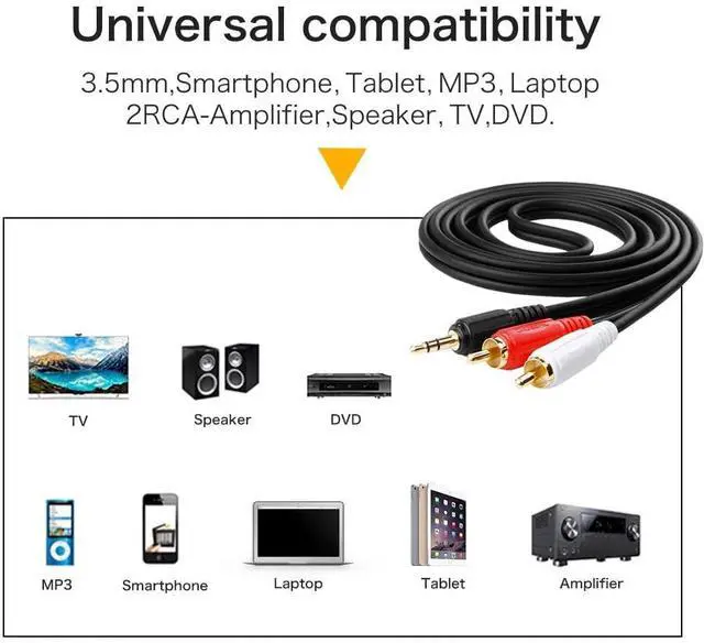 Alt view image 4 of 7 - 2RCA to 3.5mm Cable 3.3FT RCA Audio Jack Adapter Cord RCA Y Splitter Connector for Phone Speaker MP3 Tablet