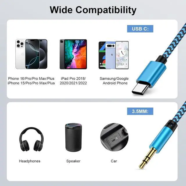Alt view image 6 of 7 - USB C to 3.5mm Audio Aux Jack Cable 3FT Type C to Headphone Audio Adapter Hi-Fi Car Stereo Braided Aux Cord for  Galaxy A16/A15/A54/A55/S25/S24 Ultra/S23/S22/S21/S20/iPhone 16/Pixel 9/8