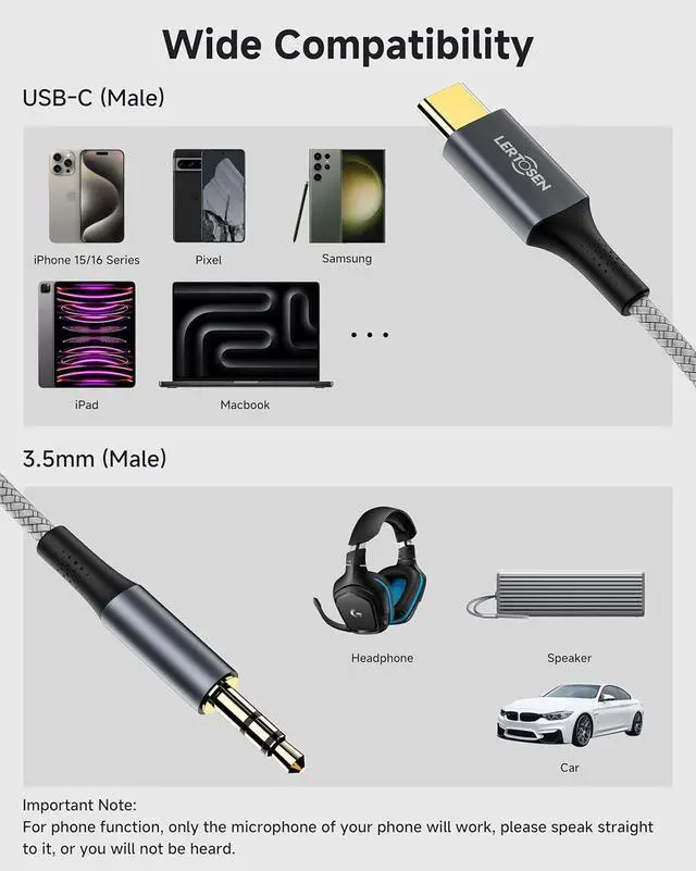 Alt view image 7 of 7 - 2 Pack USB C to 3.5mm Audio Cable [4ft] Type C to Aux Headphone Jack Adapter Hi-Fi DAC Dongle Cord Compatible with iPhone 16/15 Pro Max  S25/S24/S23 iPad Pro Pixel Car Stereo