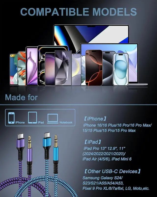 Alt view image 7 of 7 - Aux Cord to USB C [2Pack/3.3ft] USB C to 3.5mm Audio Aux Jack Cable Type C to AUX Headphone Jack Male Cable for Car/Home Stereo Speaker for iPhone 16Pro Max 16 15Pro 15Plus Galaxy S25 S24Ultra Pixel