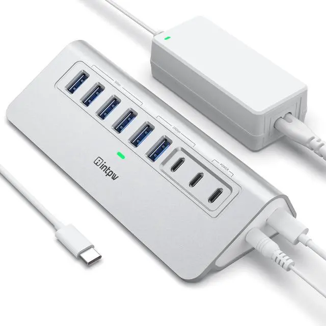 Main image of Powered USB Hub 10Gbps 9-Port USB 3.2 Hub USB C Hub with USB A/USB C 3.2 4 USB 3.0 2 PD 45W Charging Ports 65W Power Adapter and 3.3FT Cable Aluminum USB Hub for Laptop iPhone 16/15 PC