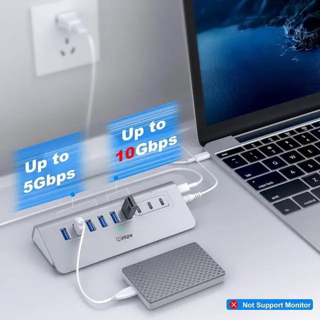 Alt view image 3 of 7 - Powered USB Hub 10Gbps 9-Port USB 3.2 Hub USB C Hub with USB A/USB C 3.2 4 USB 3.0 2 PD 45W Charging Ports 65W Power Adapter and 3.3FT Cable Aluminum USB Hub for Laptop iPhone 16/15 PC