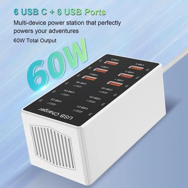 Alt view image 2 of 7 - USB C Charger 12-Ports Charging Station for Multiple Devices - Wall Power Hub Strip Smart Plug Dock Block 6A 6C for iPhone Xs/XR iPad iPod Laptops and Smart Phones 60W