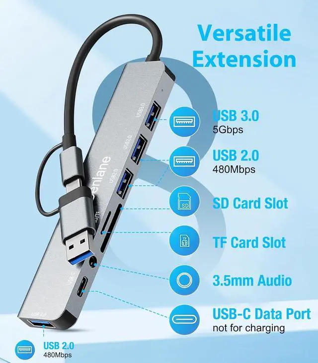 Alt view image 3 of 7 - USB C Hub USB Hub 3.0 for Laptop Upgrade 8 in 2 USB Splitter with USB-C/4 USB A Port Extender TF/SD Card Slot 3.5mm Audio Adapter USBC USB Dongle for PC/Mac/MacBook/Laptop/iPad/Tablet