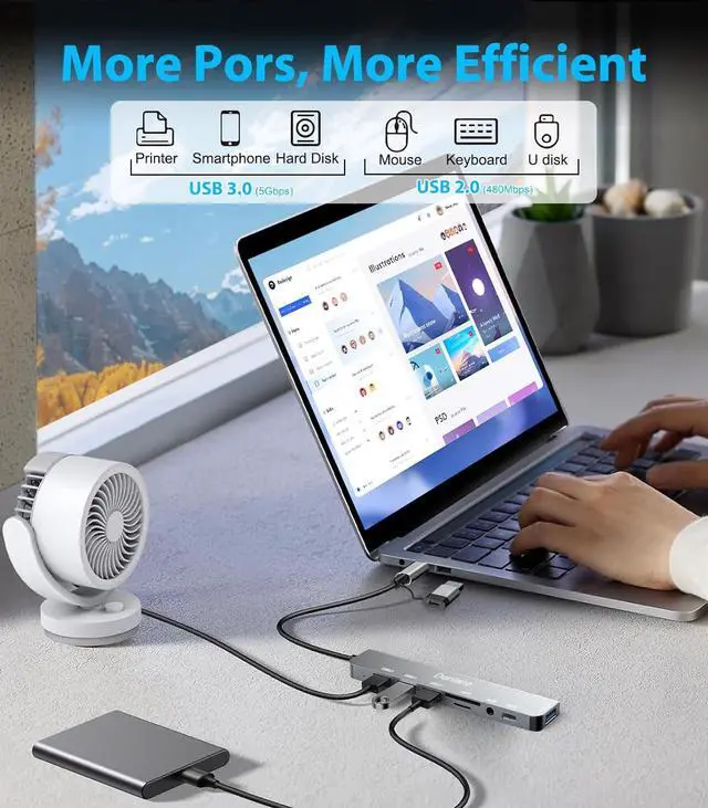 Alt view image 4 of 7 - USB C Hub USB Hub 3.0 for Laptop Upgrade 8 in 2 USB Splitter with USB-C/4 USB A Port Extender TF/SD Card Slot 3.5mm Audio Adapter USBC USB Dongle for PC/Mac/MacBook/Laptop/iPad/Tablet